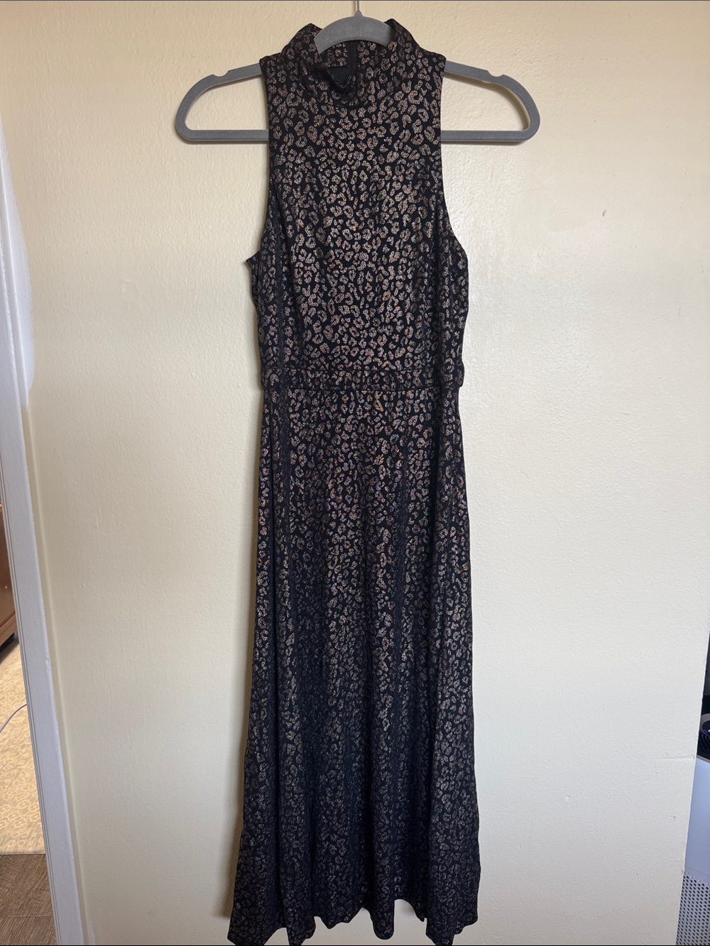 Donna Morgan Black Maxi Dress with Gold Leopard Print